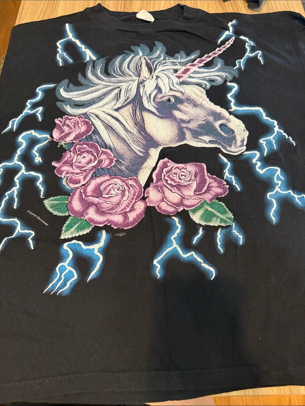 Black Unicorn Graphic Short Sleeve Tee with Pink Roses